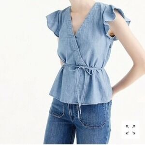 NWT J Crew Flutter Sleeve Faux Wrap Chambray Belted Peplum Top sz 2 0 XS